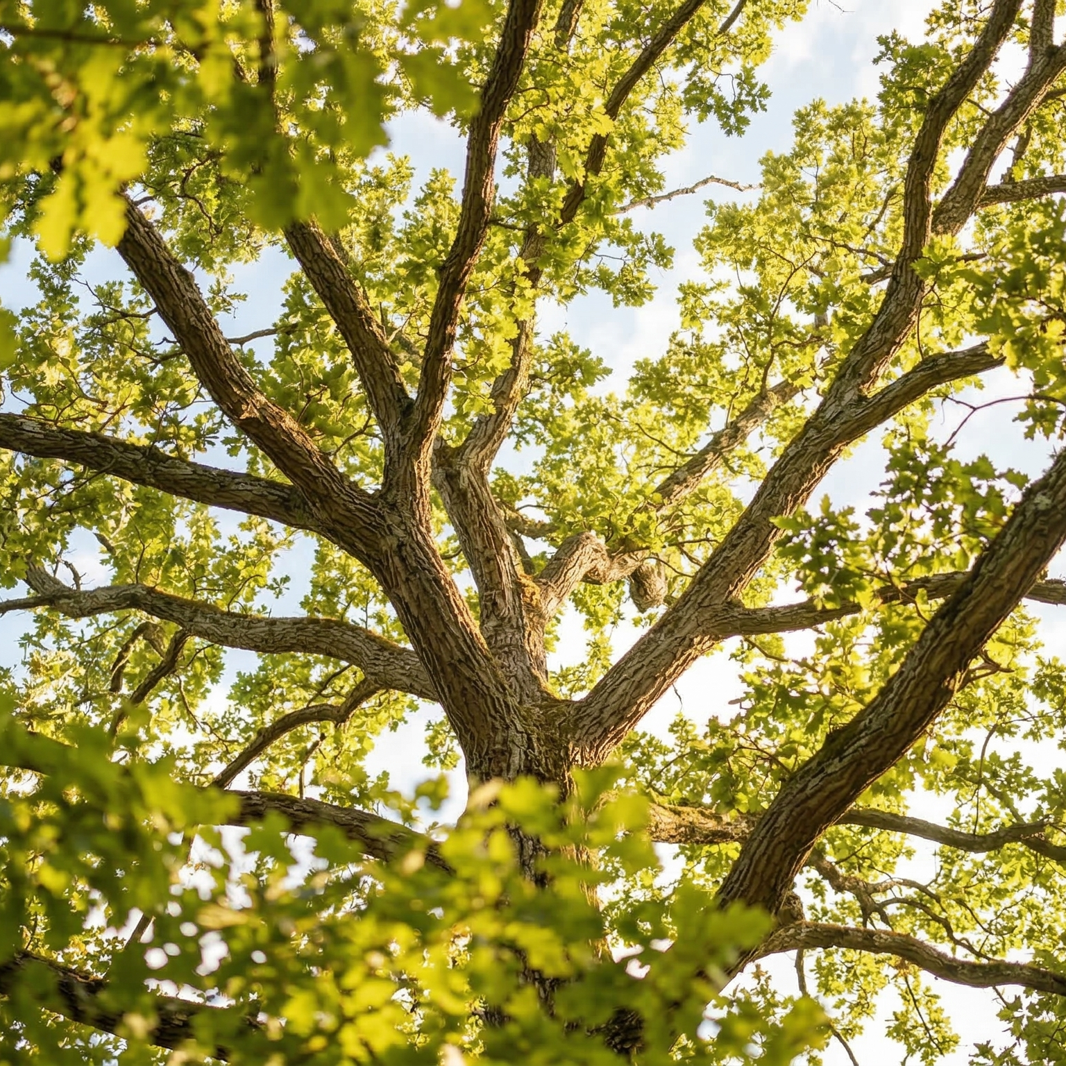Sunlit oak canopy viewed from below, representing trusted results and lasting academic growth